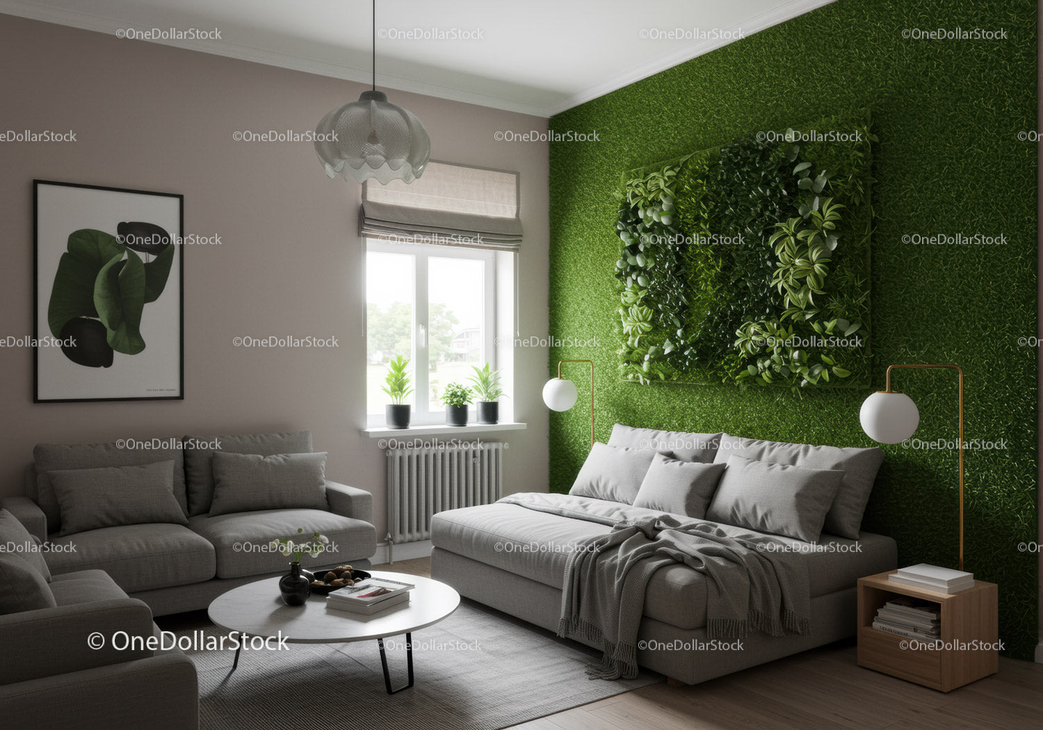 Contemporary Living Room with Green Plant Wall and Cozy Sofa