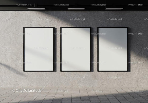 Three Blank Vertical Frames on Concrete Wall JPG Mockup Image