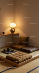 Cozy minimalist Japanese style tea corner with warm lighting