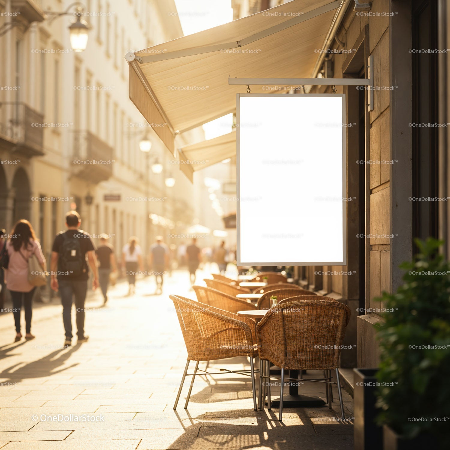 Empty outdoor cafe seating on sunlit city street
