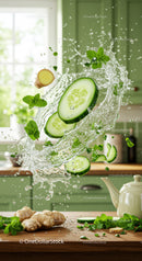 Fresh cucumber slices and mint leaves splashing water