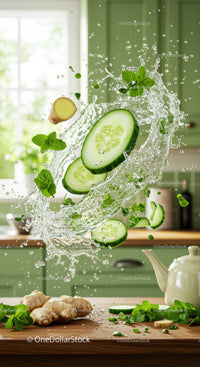 Fresh cucumber slices and mint leaves splashing water