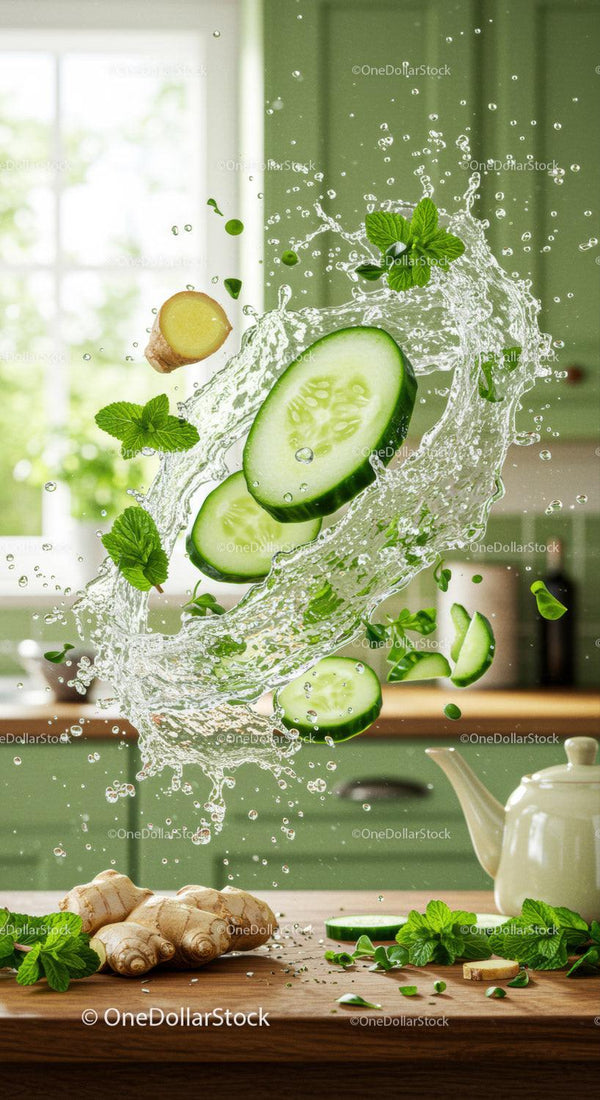 Fresh cucumber slices and mint leaves splashing water