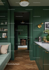 Elegant Green Kitchen with Marble Countertop Brass Accents and Wooden Floor