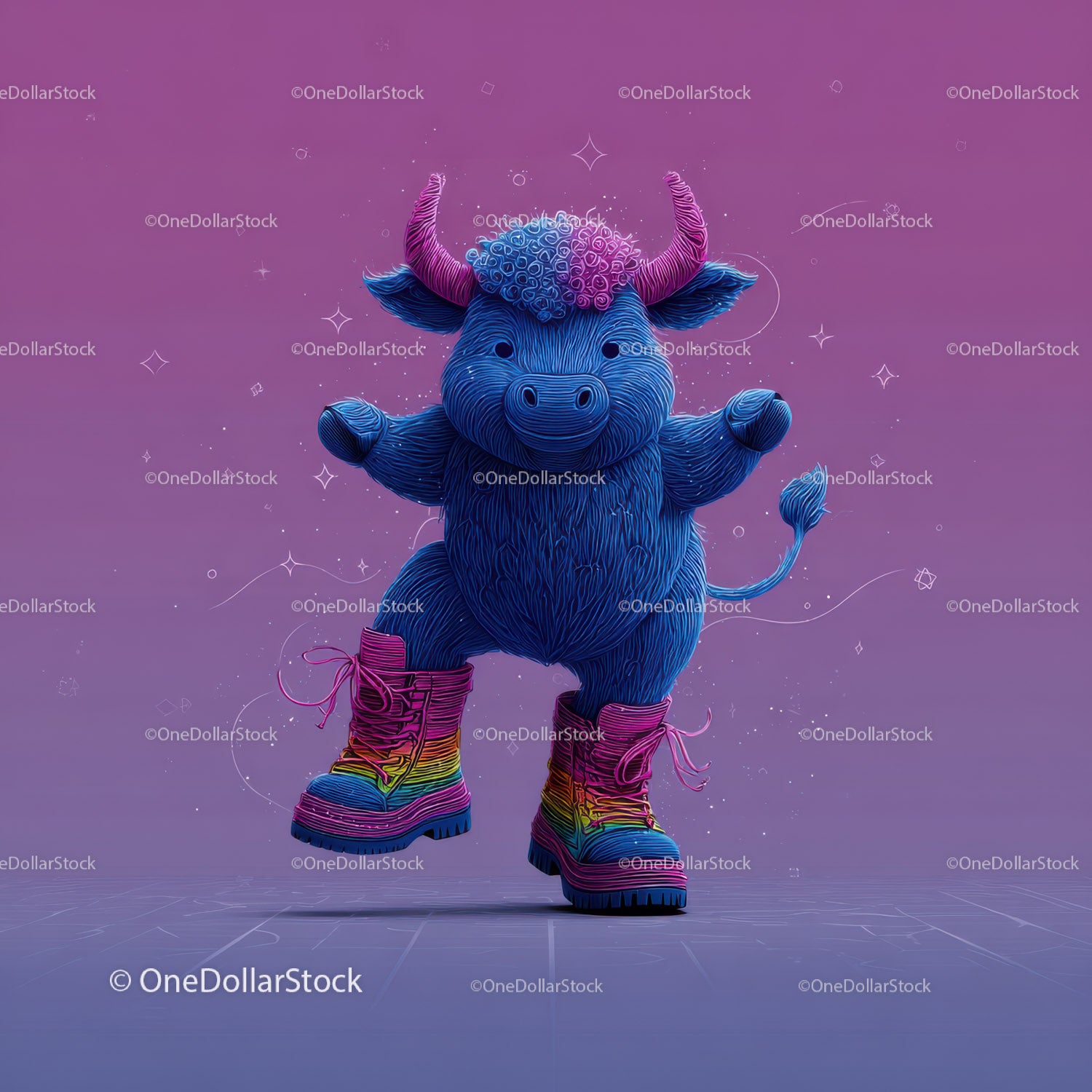 Colorful Furry Mascot with Rainbow Horns Wearing Boots and Smiling