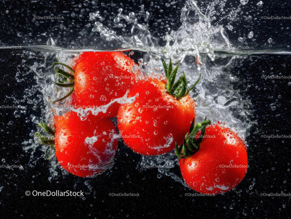 Fresh Cherry Tomatoes Splashing into Water with Vibrant Colors