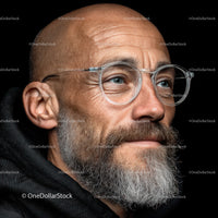 Confident Mature Man with Beard and Glasses Against Black Background
