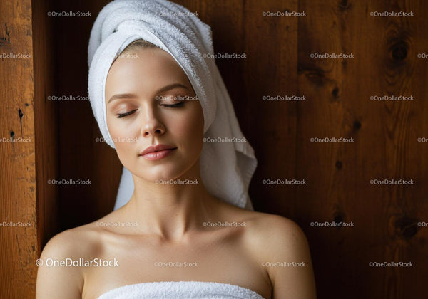 Zrelaksowana kobieta owinięta ręcznikiem w spa