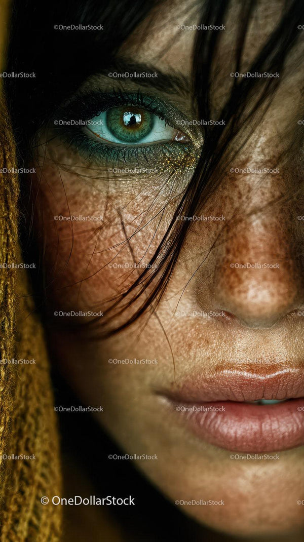 Detailed Close-up of Woman's Vibrant Green Eye and Facial Features