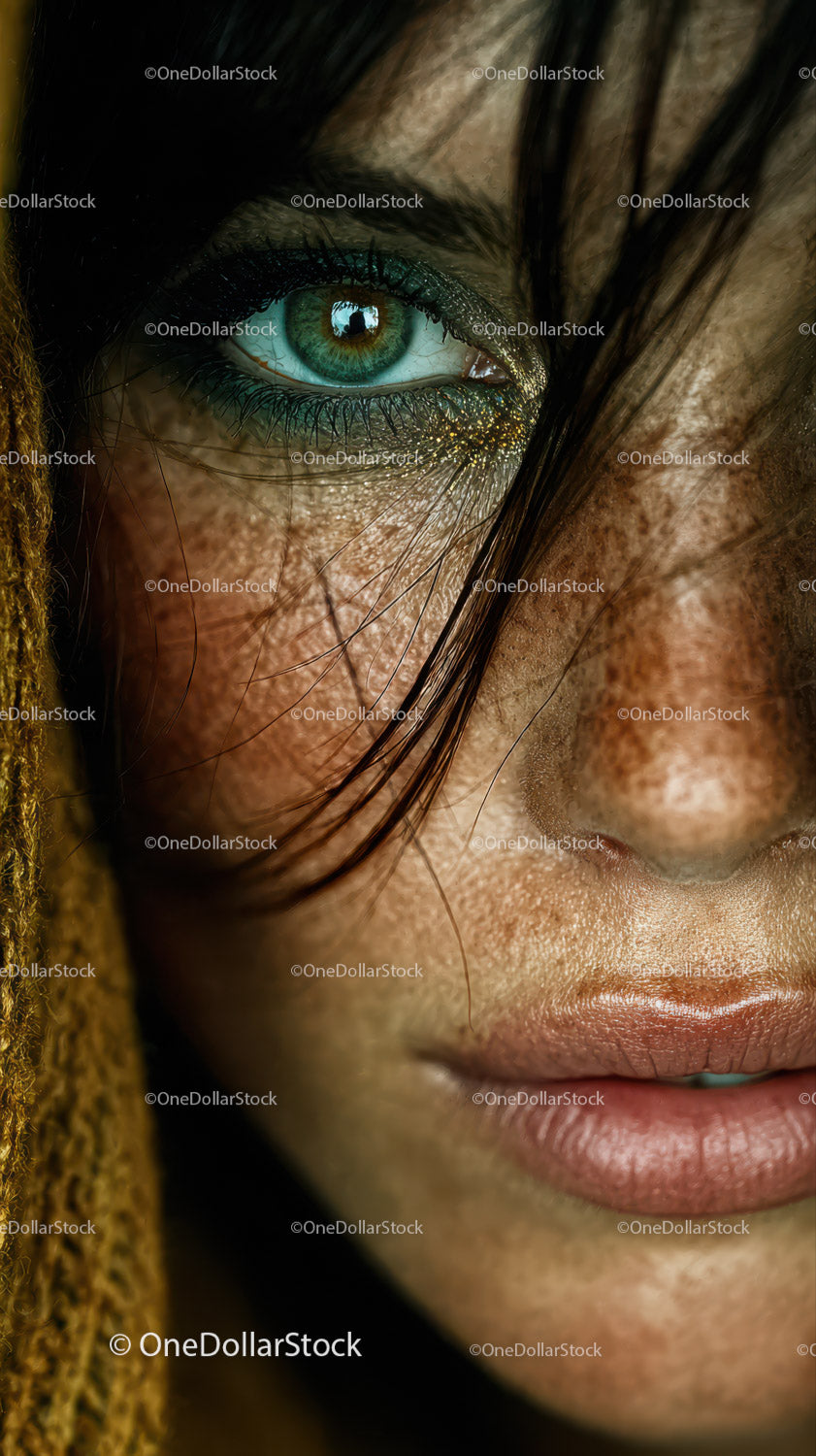 Detailed Close-up of Woman's Vibrant Green Eye and Facial Features