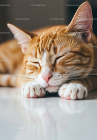 Sleeping orange tabby cat resting peacefully indoors