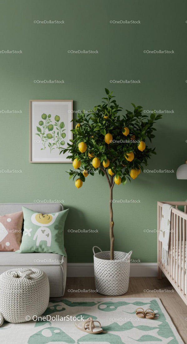 Lemon Tree Inside a Cozy Child's Nursery with Green Wall and Art