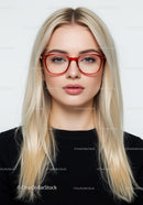 Portrait of a Blonde Woman with Red Glasses and Blue Eyes