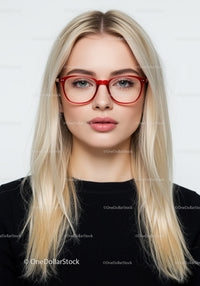 Portrait of a Blonde Woman with Red Glasses and Blue Eyes