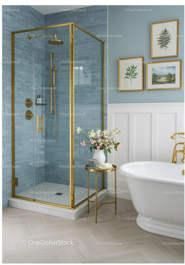 Elegant bathroom with gold shower frame and floral decor
