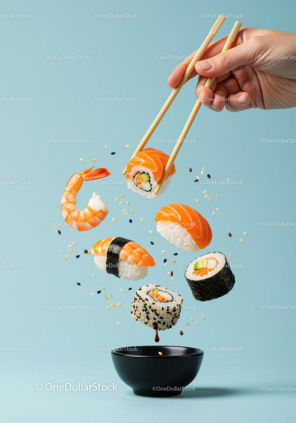 Hand Holding Chopsticks with Flying Sushi Pieces and Shrimp