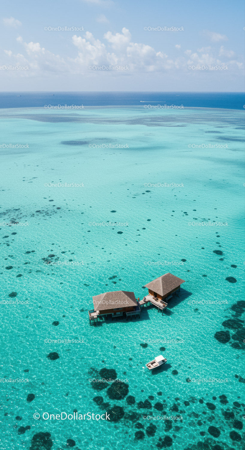 Overwater Bungalow in Turquoise Ocean with Clear Waters and Boat