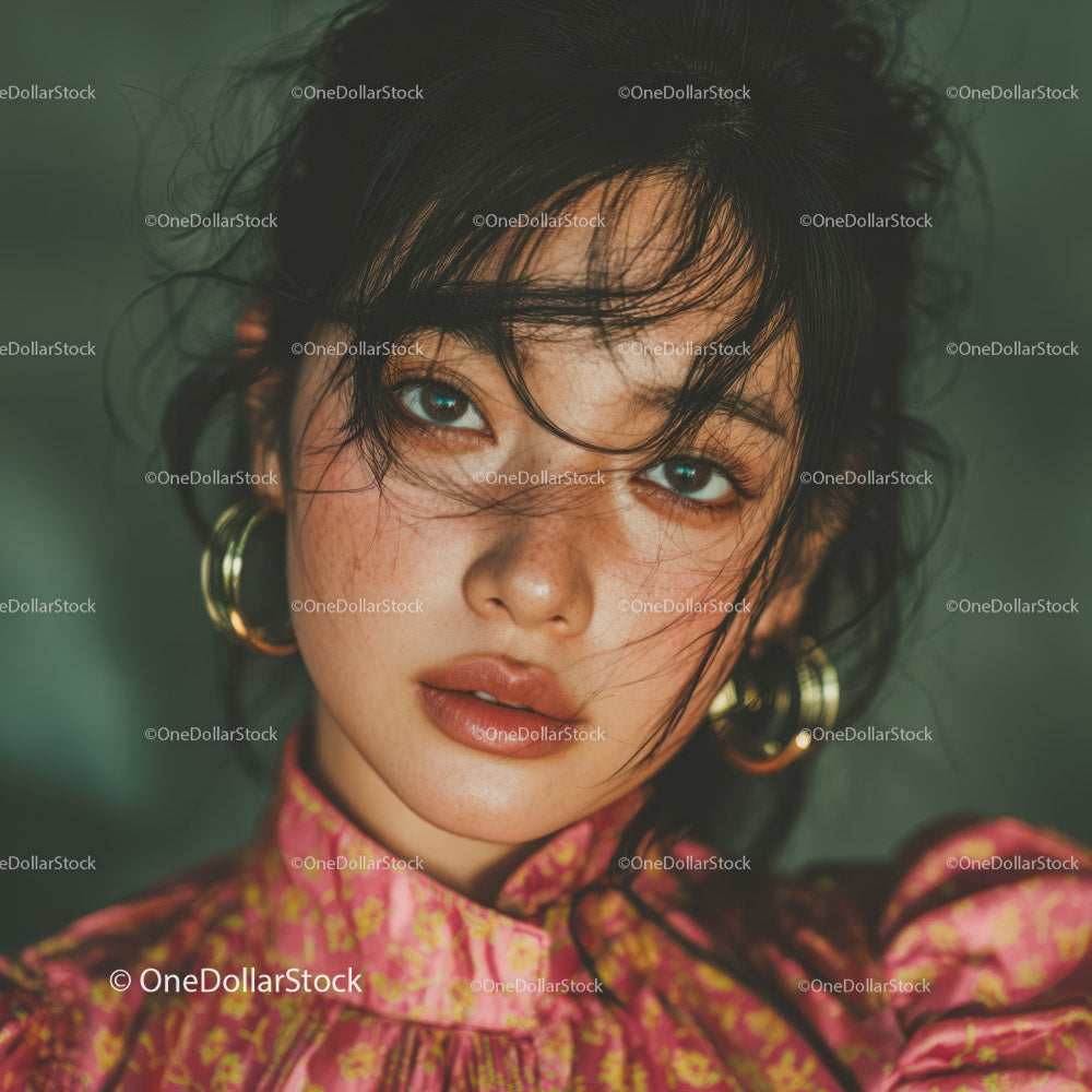 Young Woman with Curly Hair and Blue Eyes in Floral Blouse