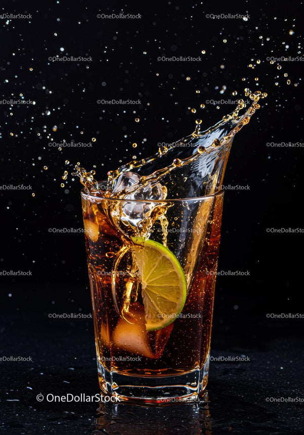 Refreshing iced cola splash with lime slice in glass