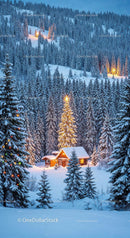 Cozy snowy cabin surrounded by illuminated pine trees