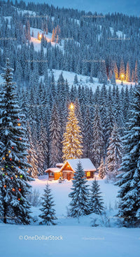 Cozy snowy cabin surrounded by illuminated pine trees