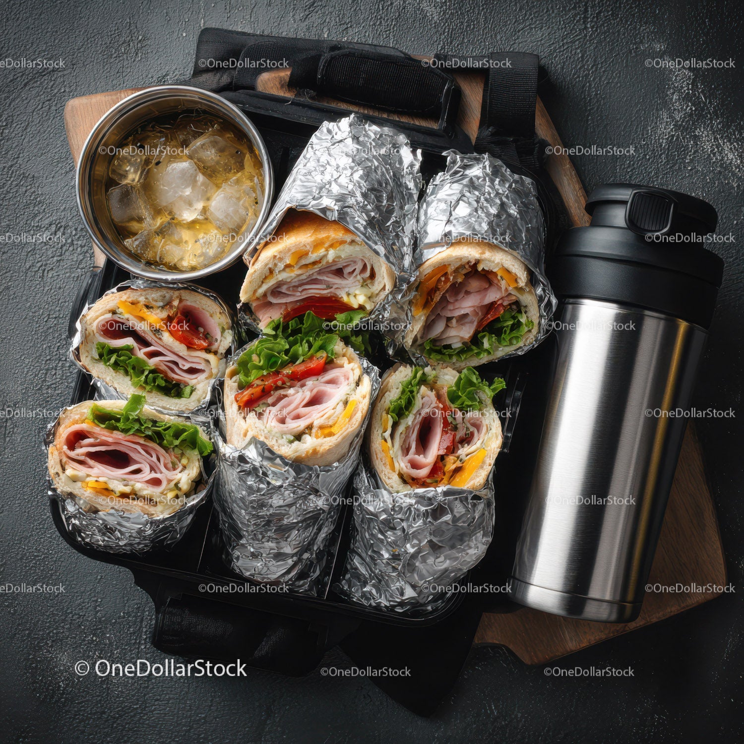 Savory Wrap Sandwiches with Fresh Vegetables and Cold Drink
