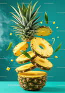 Fresh Pineapple Slices Floating with Green Leaves