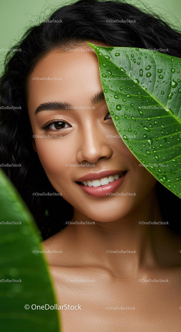 Beautiful Woman with Lush Green Leaves and Radiant Skin