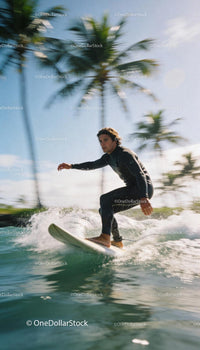 Man surfing with tropical palm trees in the background
