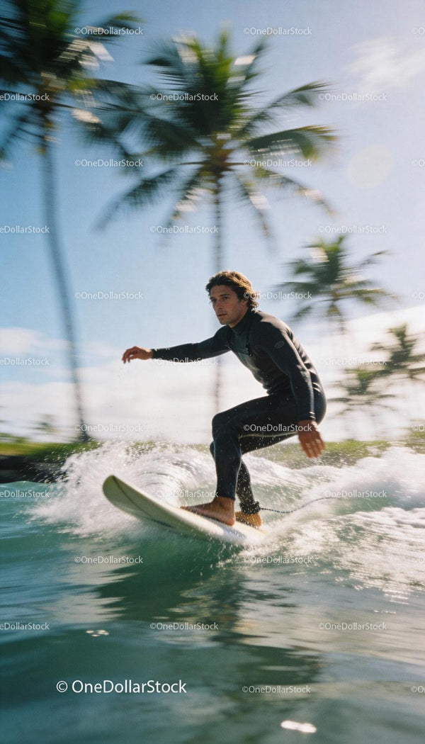 Man surfing with tropical palm trees in the background