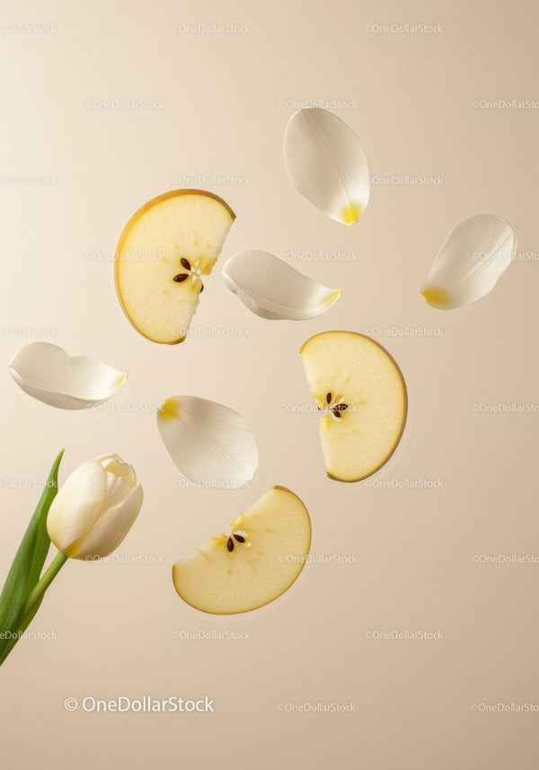 White tulip with floating apple slices and petals