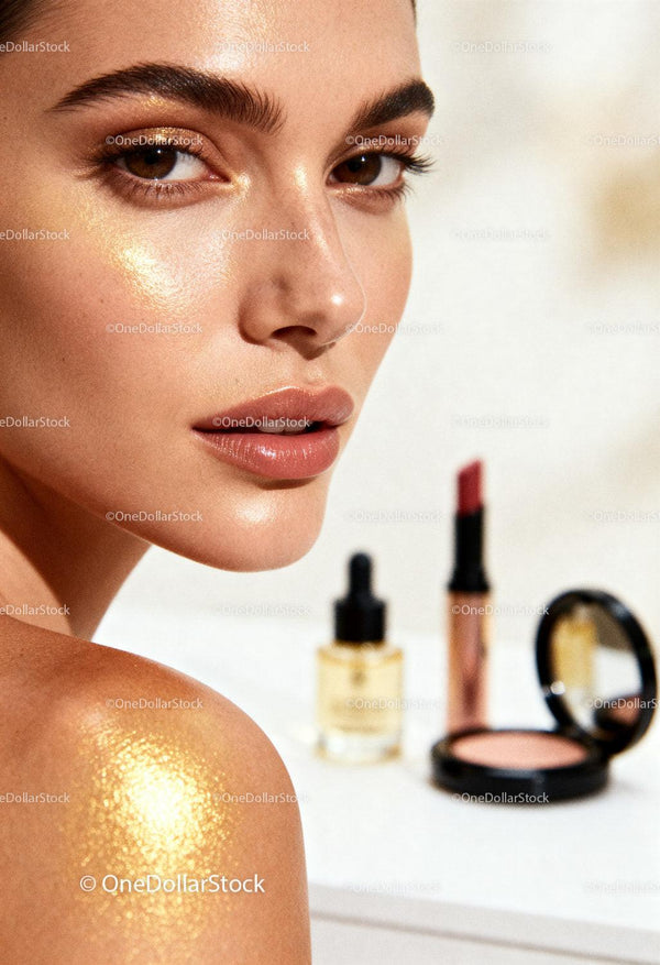 Close up of glowing woman with golden makeup accents