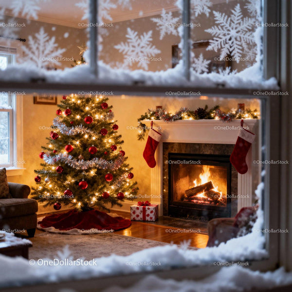 Cozy living room with Christmas tree and warm fireplace