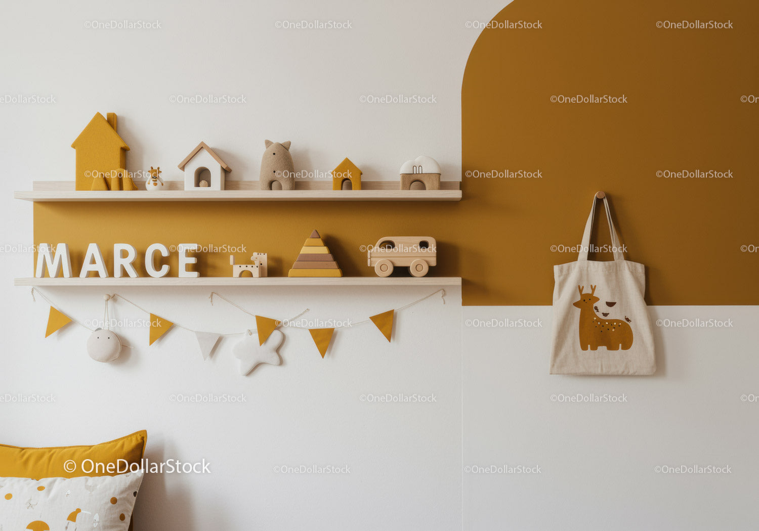 Wooden Animal Toys and Nursery Decor in Mustard and White