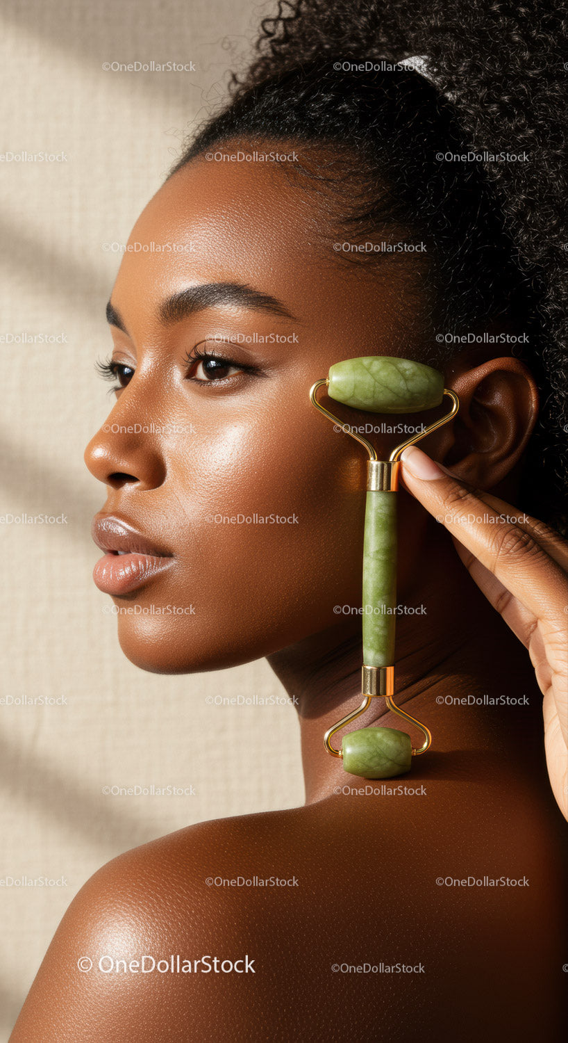 Close Up of a Woman Using Jade Roller for Skin Care and Face Massage