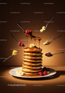 Stack of pancakes with syrup and fresh fruit toppings