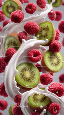 Fresh Kiwi and Raspberries with Milk Splash in Close-Up