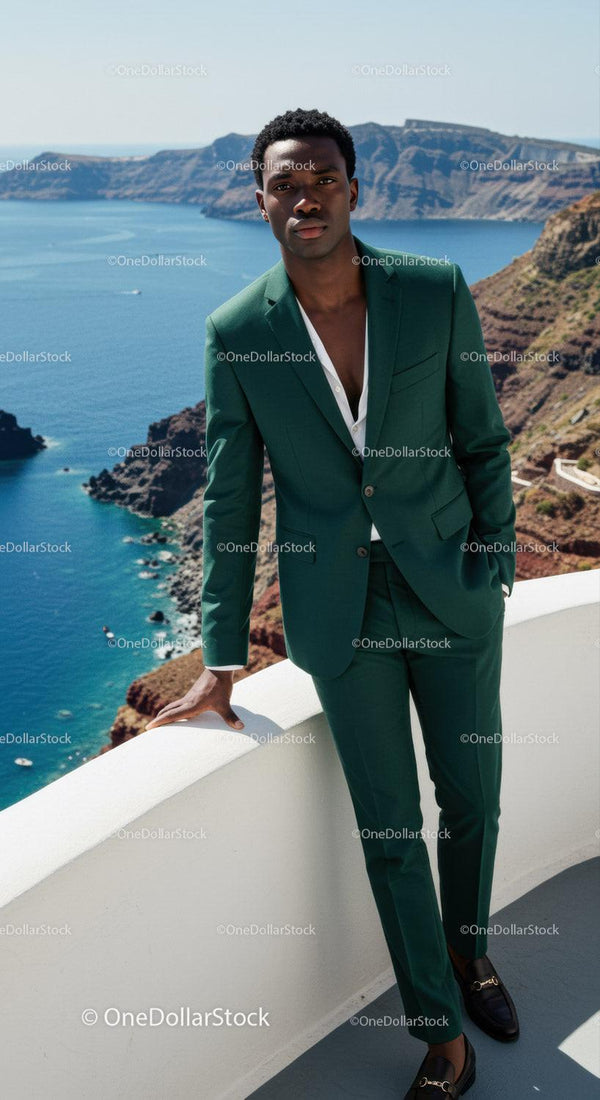 Man in Green Suit Posing Overlooking Coastal Cliffs