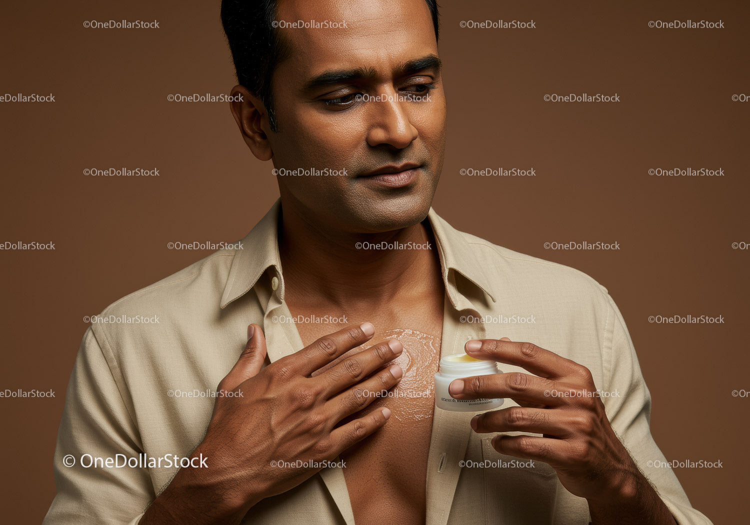 Male Applying Skincare Lotion on Chest for Hydration and Skin Care