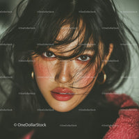 Close-up of Woman with Dark Hair and Bold Makeup in Artistic Portrait