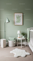 Green Nursery Interior with Botanical Artwork and Cozy Decor