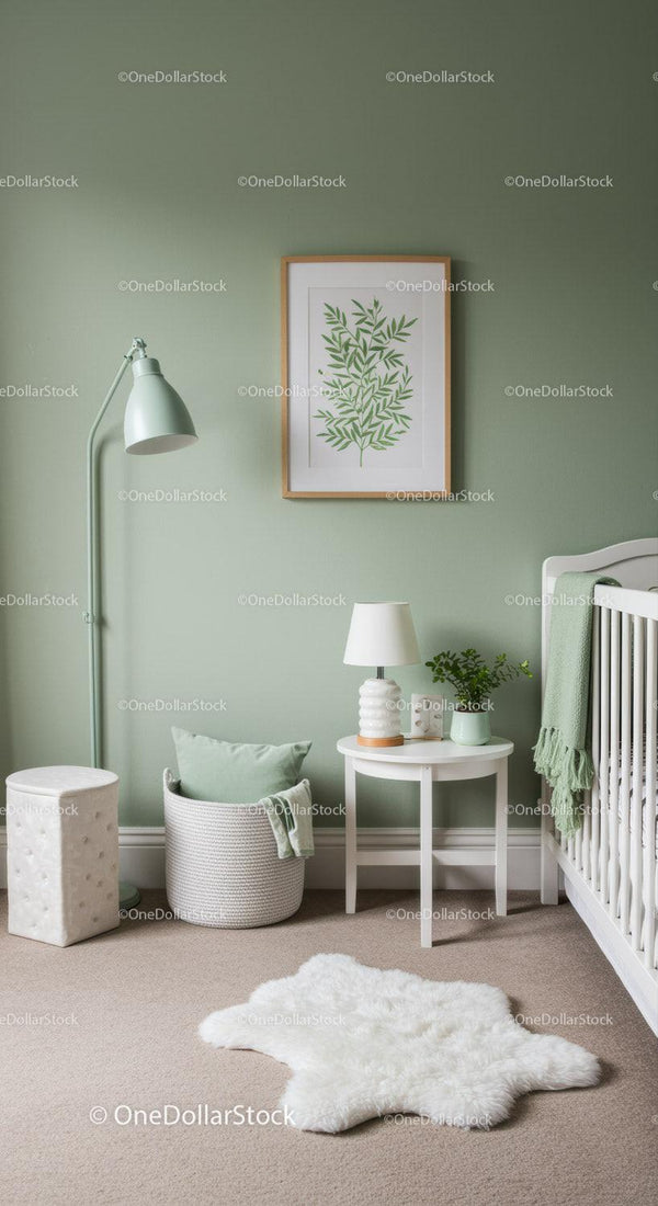 Green Nursery Interior with Botanical Artwork and Cozy Decor