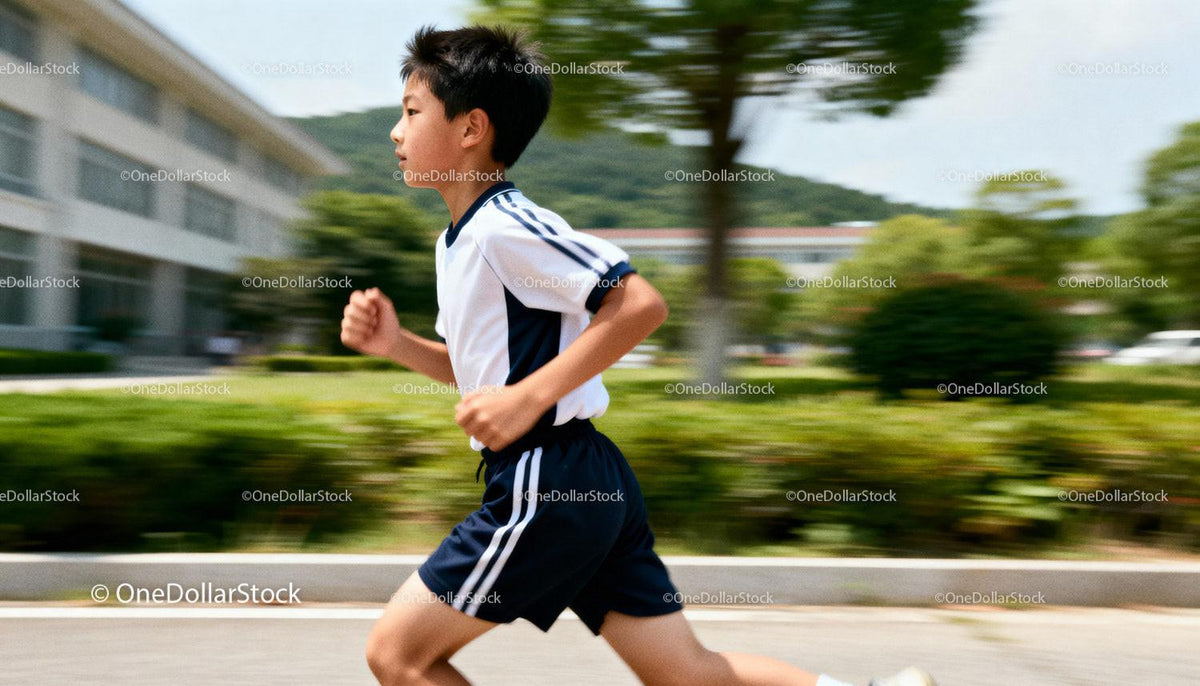 Young boy running outdoors with focused determination