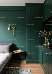 Elegant Green Kitchen with Gold Accents and Purple Floral Decor
