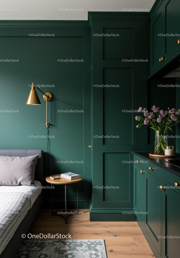 Elegant Green Kitchen with Gold Accents and Purple Floral Decor