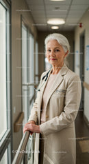 Senior Female Doctor Holding Handrail in Hospital Corridor