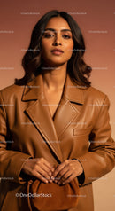 Portrait of Confident Woman in Brown Leather Jacket with Glamorous Look