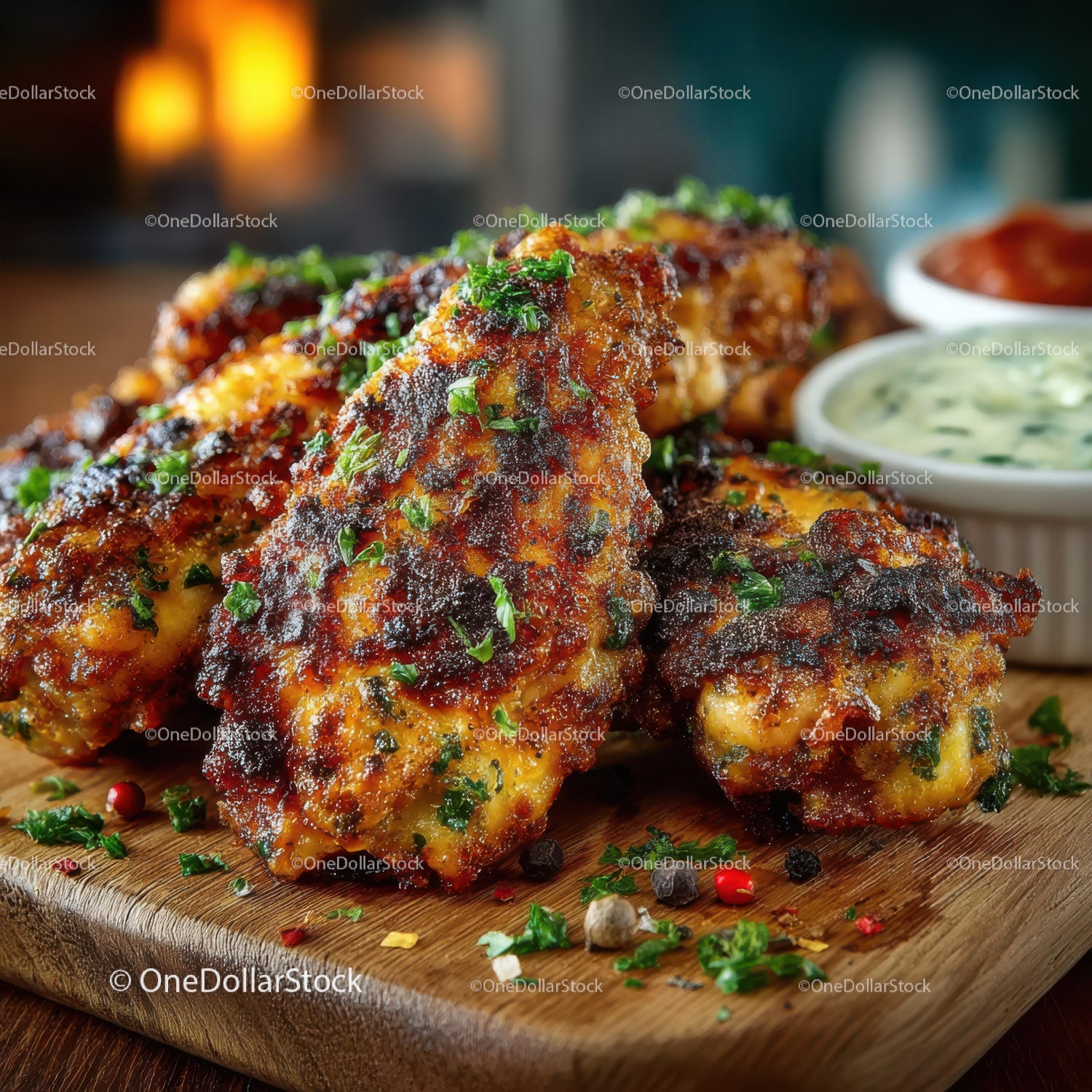 Crispy Chicken Wings with Parsley and Dipping Sauces on Wooden Board