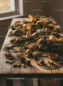 Cozy Rustic Christmas Wreath Crafting Setup on Wooden Table
