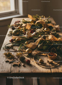 Cozy Rustic Christmas Wreath Crafting Setup on Wooden Table